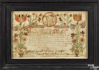 Pennsylvania ink and watercolor fraktur, dated 1824, for Johann Michael Matter, Dauphin County