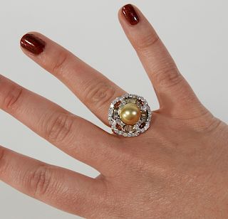 18K Yellow Gold Diamond & Gold Pearl Cocktail Ring