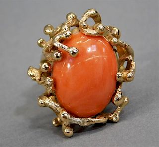 Lady's 14K Gold & Coral Cocktail Ring Size 6