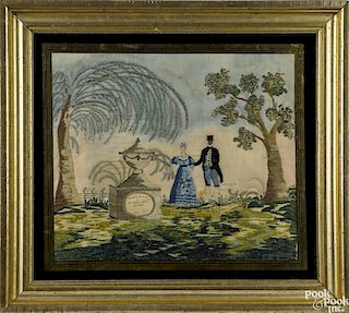 American silk and paint on silk needlework mourning scene, early 19th c., depicting a young woman