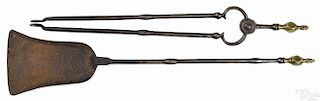 Chippendale brass and iron fire tongs and shovel, ca. 1790, with diamond and flame finials