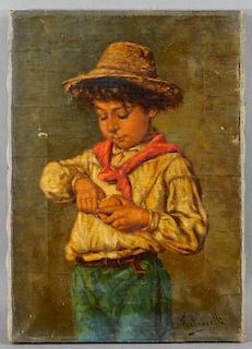 Achille Petrocelli Farm Boy Peeling Apple Painting