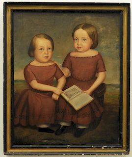 FINE 19C Folk Art Twin Sisters Portrait Painting