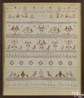 Embroidered linen show towel, dated 1825, wrought by Elisabeth Dillier, sight - 23'' x 19''.