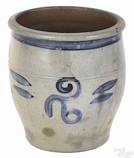 Pennsylvania two-gallon stoneware crock, 19th c., with a stylized cobalt 2, 10'' h.