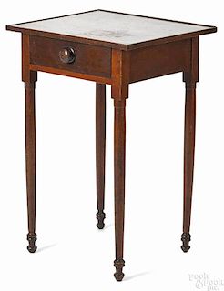 New England Sheraton mixed woods one-drawer stand, ca. 1830, retaining an old red stained surface