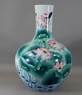 Chinese Globular Famille Rose Lotus Porcelain Vase
