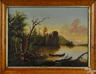 American oil on canvas primitive landscape, 19th c., with Native Americans fishing and hunting