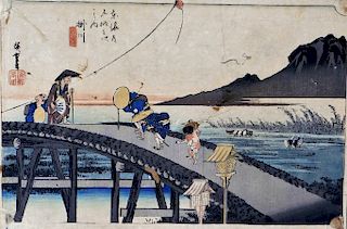 19C Japanese Ukiyo-e Scenic Bridge Woodblock Print