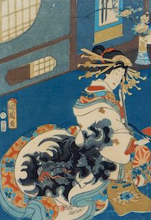 Japanese Meiji Period Woodblock Print of Geisha