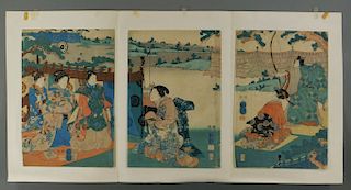 19C Japanese Triptych Woodblock Geisha Landscape