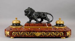 19C French Ormolu Bronze Rouge Marble Lion Inkwell
