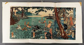 19C Japanese Triptych Samurai Woodblock Print
