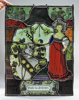 19C German Armorial Stained Glass Window Panel