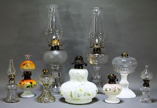 9PC Antique Flint Pressed Glass Oil Lamp Group