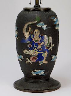 Chinese Bronze Champleve Dragon Warrior Lamp