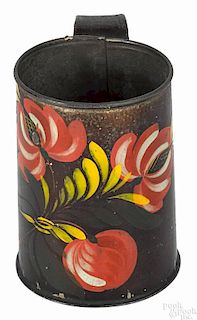 Pennsylvania toleware mug, 19th c., with polychrome floral decoration, 4 1/4'' h.