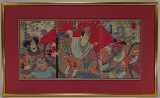 Japanese Utagawa School Triptych Woodblock Print