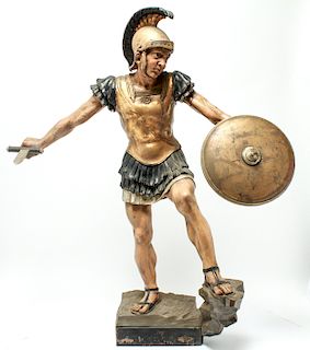 Gilt & Polychrome Warrior Carved Wood Sculpture
