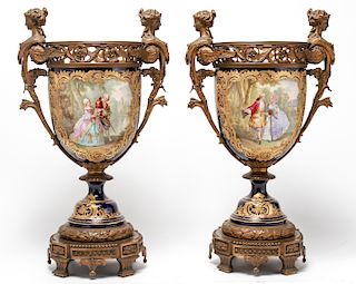 Large 19th C. Sevres Porcelain & Bronze Urns, Pair