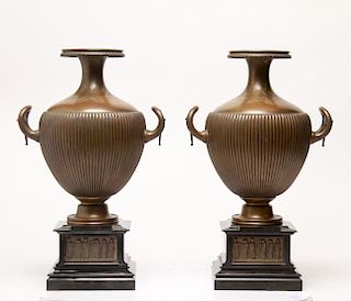 Large Neoclassical Manner Bronze & Marble Urns, Pr