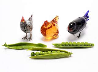Italian Murano Glass Bird, Chickens & Pea Pods, 6