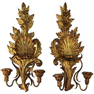 Baroque Manner Italian Giltwood Wall Sconces, Pair