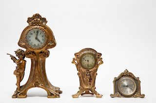 Art Nouveau Gilt Metal Figural Clocks Group of 3