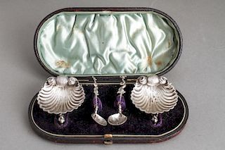 English Silver Shell & Dolphin Salts & Spoons Pair