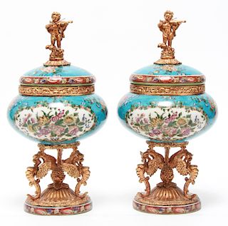 French Manner Porcelain & Metal Covered Urns Pair