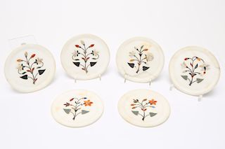White Marble & Pietra Dura Coasters, Vintage, 6