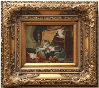 Laura E. Cassidy "Cat & Five Kittens" Oil on Board