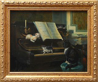 Laura E. Cassidy "Cat & Four Kittens at Piano" Oil