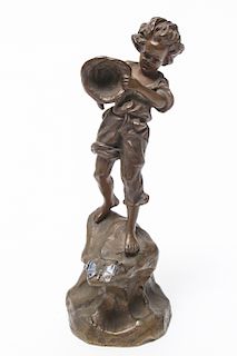 Figural Bronze Sculpture, Boy & Enameled Butterfly