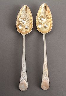 English Sterling Silver Repousse Berry Spoons Pair