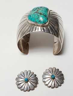 Southwest Silver Turquoise Cuff Bracelet Earrings