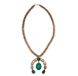 Navajo Mercury Dime and Turquoise Squash Blossom Necklace, 9.84 ozt