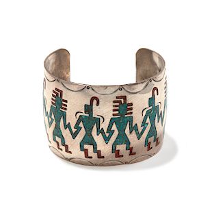 D. Allison Turquoise and Coral Chip Inlay Silver Cuff