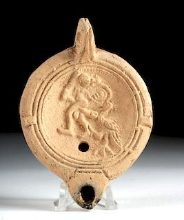 Roman Pottery Oil Lamp with Warrior and Bird