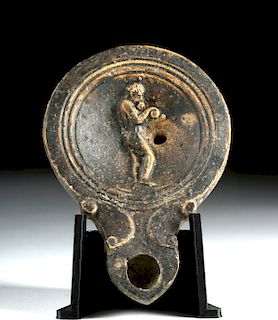 Roman Pottery Oil Lamp with Standing Boxer