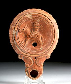 Roman Pottery Oil Lamp w/ Pan Riding Horse