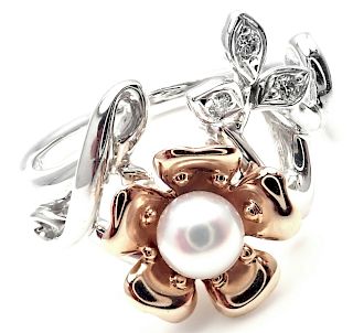 Mikimoto Love 18k White Rose Gold Diamond Pearl Ring