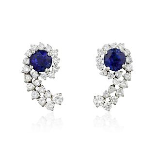 A Pair of Platinum Sapphire and Diamond Earrings