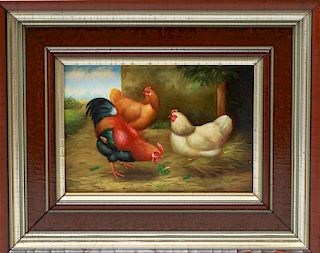 "Rooster & Two Hens / Chickens" Oil on Wood Panel