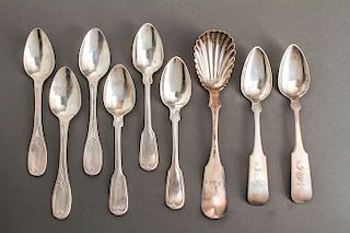 Coin Silver Spoons, Various Makers, Group of 9