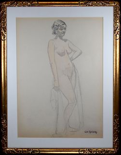 Signed Bellows, Watercolor of Standing Female Nude