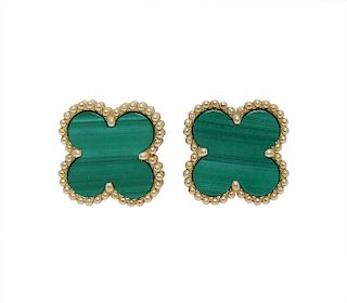 Van Cleef & Arpels Alhambra Malachite Earrings in 18k Yellow Gold 