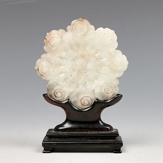 CHINESE CARVED JADE 'FLORAL' PLAQUE WITH STAND