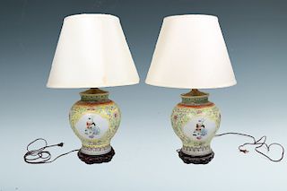 PAIR OF CHINESE FAMILLE-ROSE VASES (LAMP)