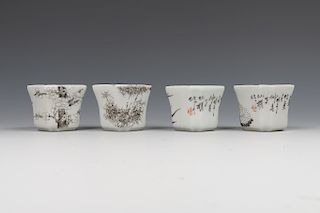 SET OF FOUR CHINESE GRISAILLE CUPS WITH BOX, LATE QING